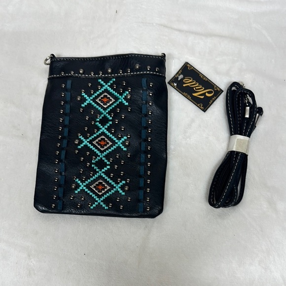 Jade Handbags - Jade Black and Blue Crossbody Bag with Embroidered Design